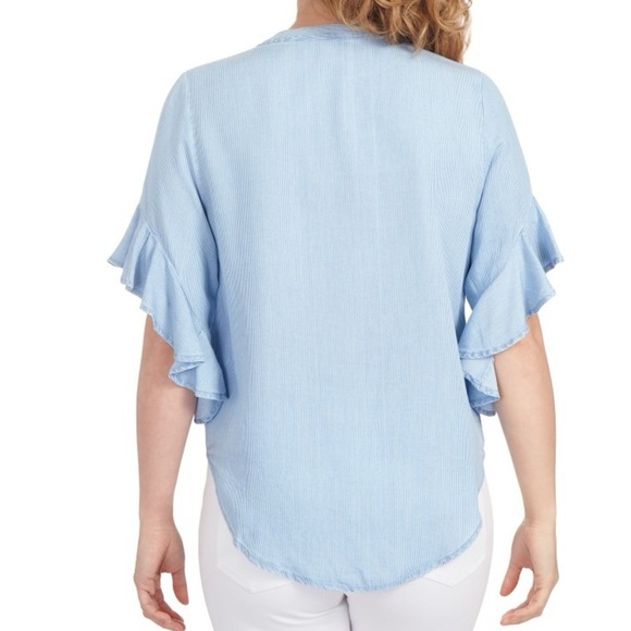 Ruby Rd. • Pinstripe Flutter Sleeve Chambray Blouse - Picture 2 of 11